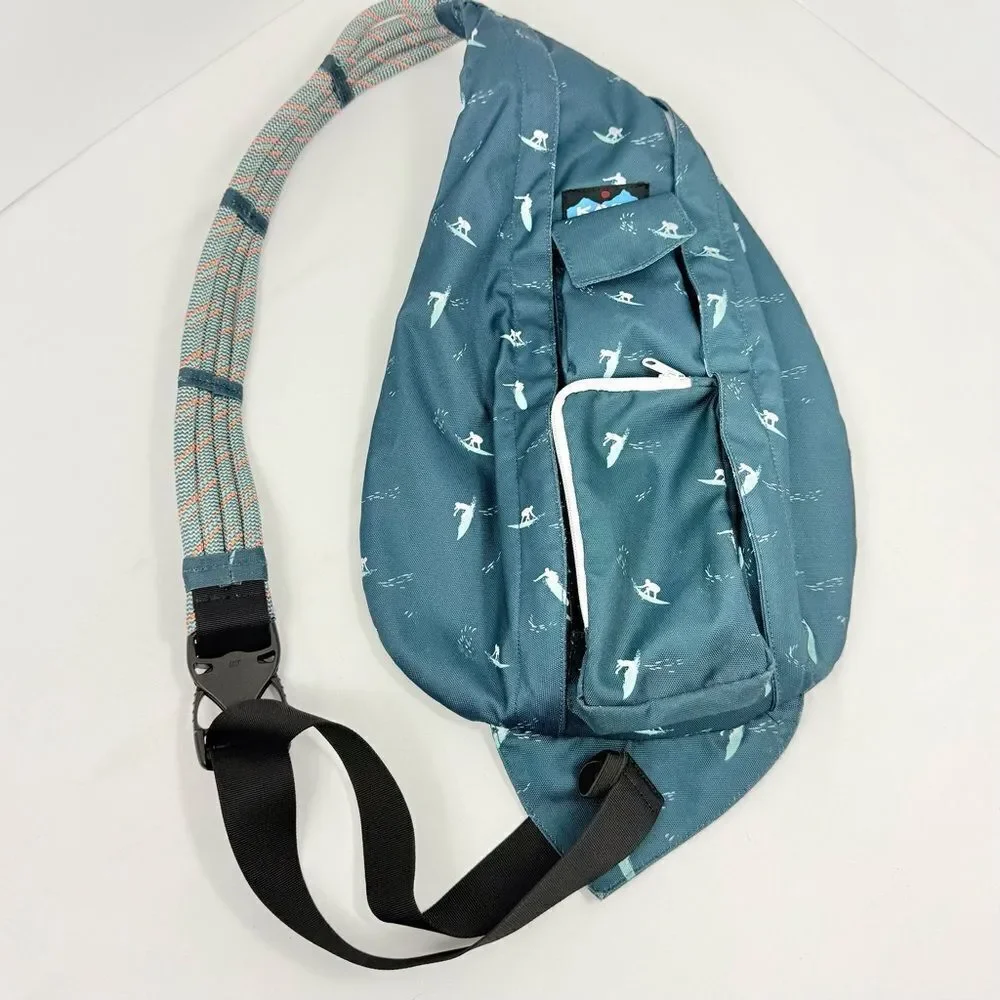 KAVU Green White Nylon Surfer Graphic Rope Strap Nylon Sling Bag